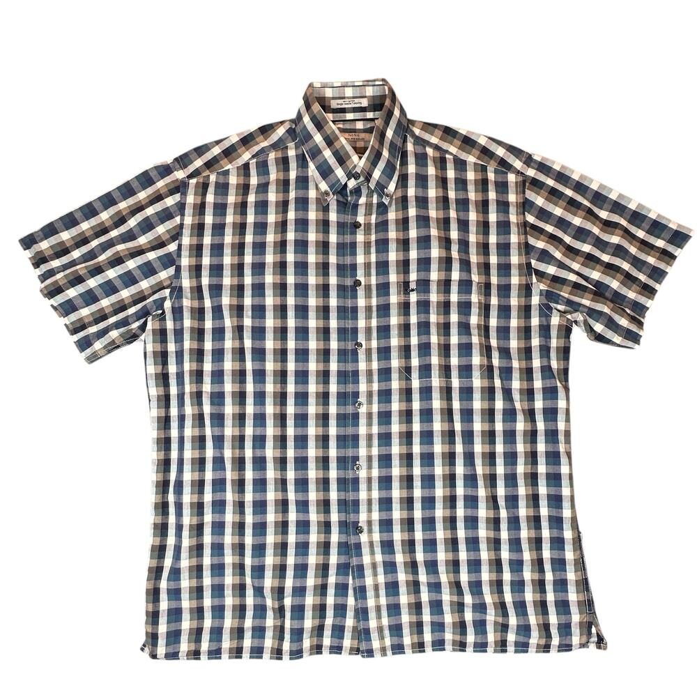 NONO Shirt Mens Large Blue White Plaid Business Casual Academia Button Up Top